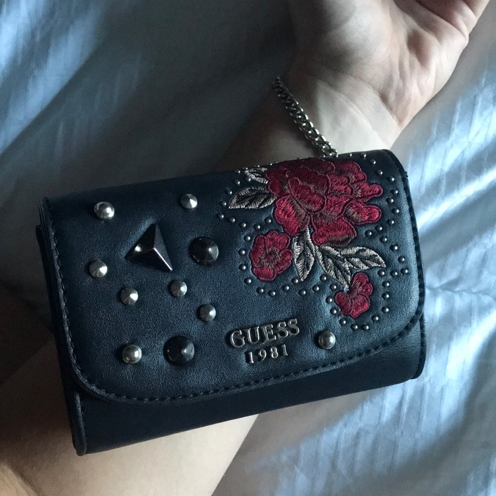 GUESS black embroidered wallet with studs